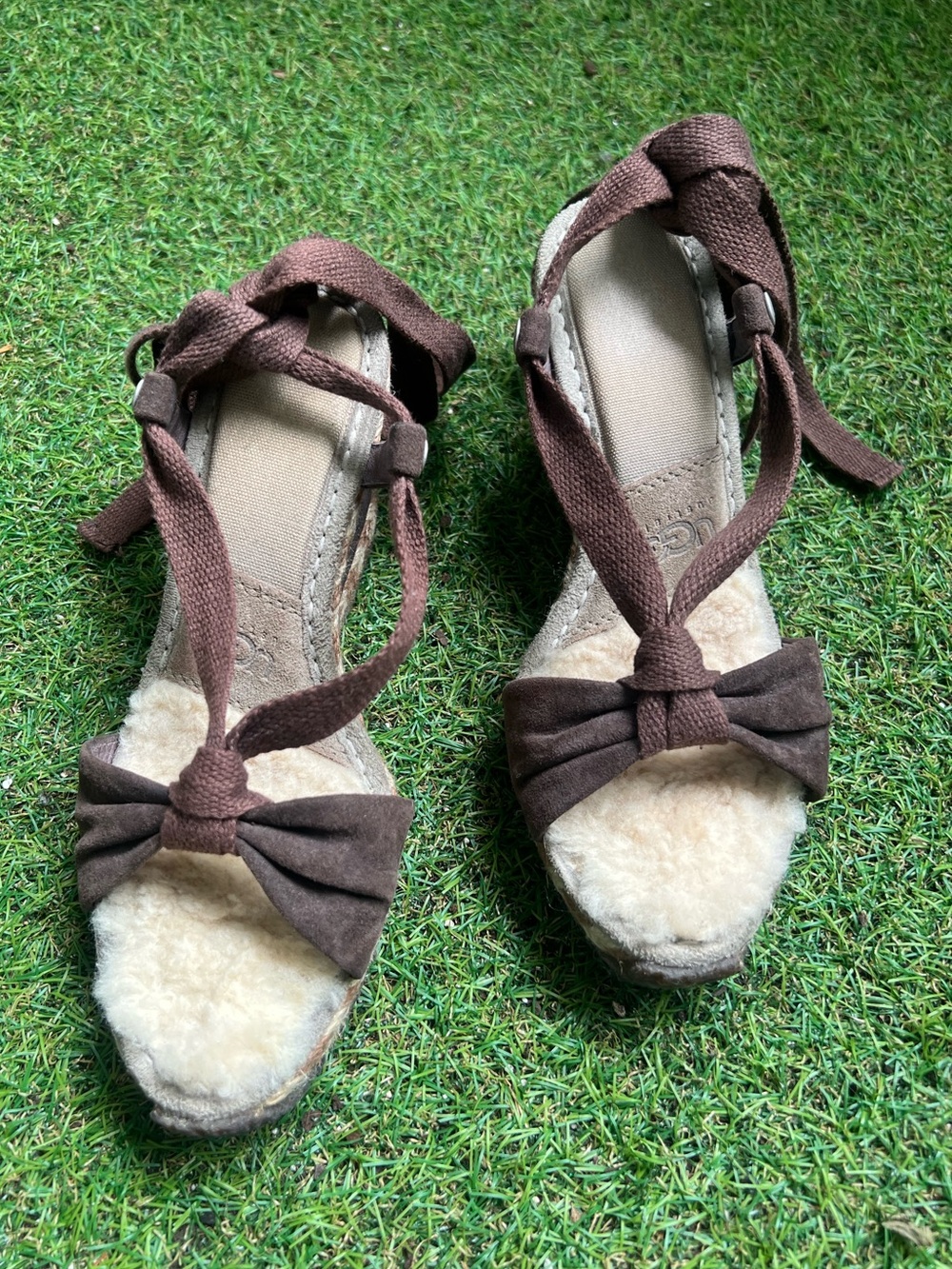 UGG Brown Bow Wedge Sandals with Shearling Footbed